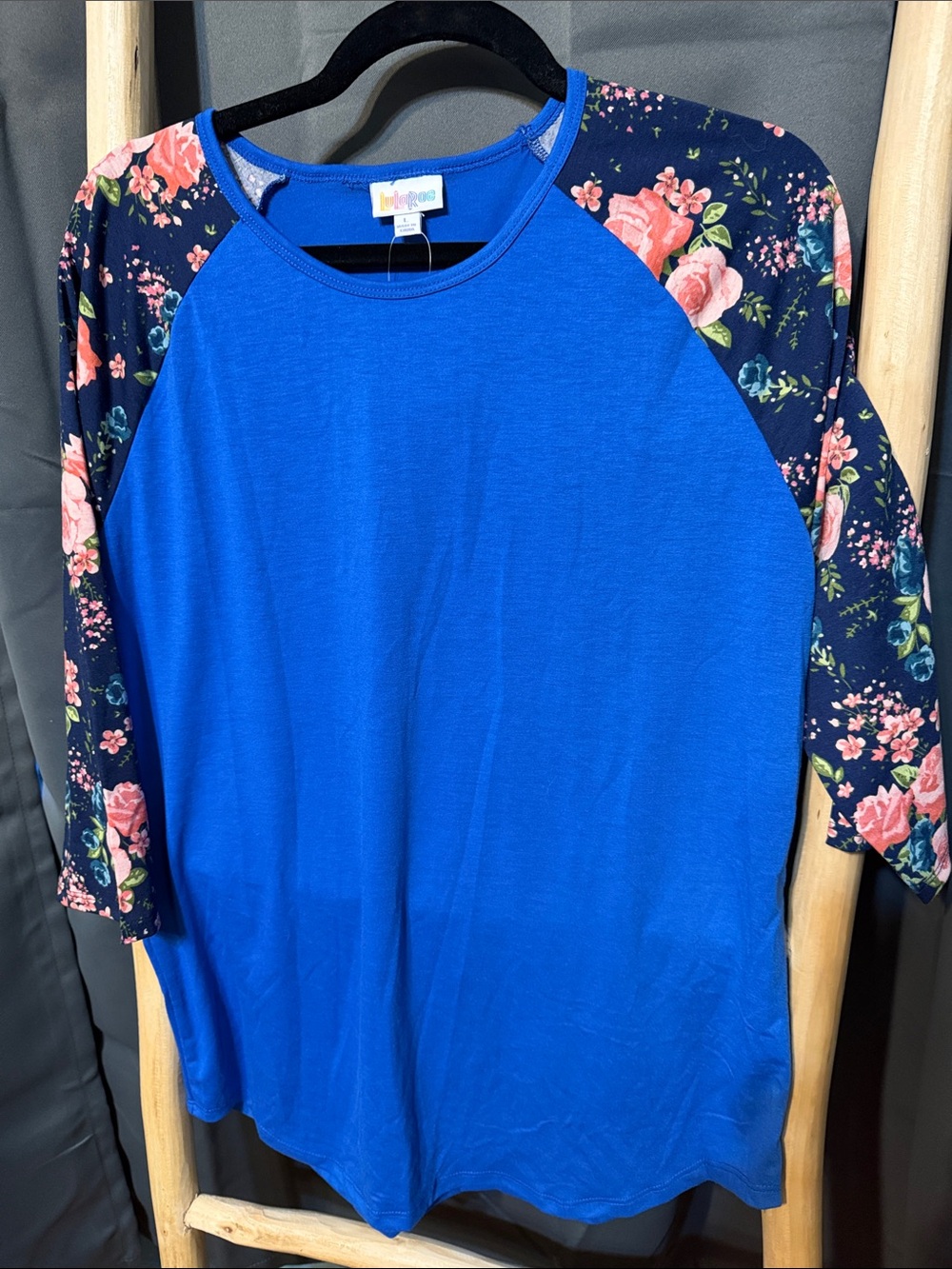 LuLaRoe Royal Blue Top with Navy Floral Raglan Sleeves